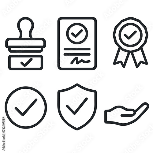 Approval outline icon set: approved stamp, signed paper, ribbon award, yes symbol, verified shield, open hand.