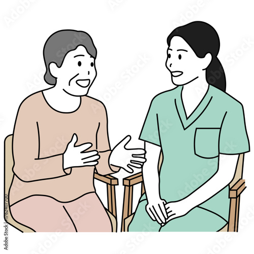介護士と高齢女性が会話するケアサポートのイラスト