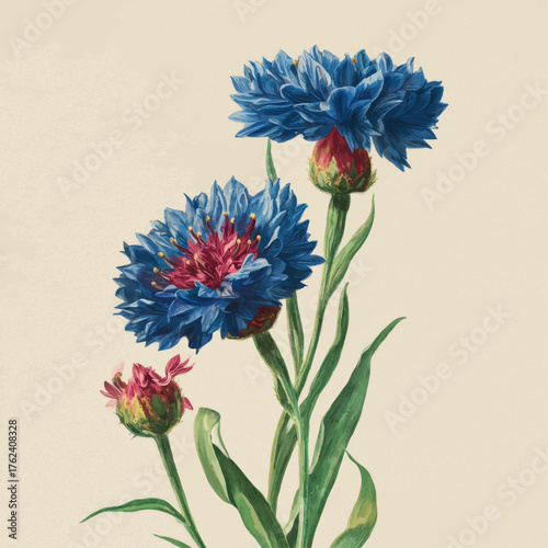 Elegant vintage botanical illustration of blue cornflowers on beige background in detailed fine-art floral vector composition design.