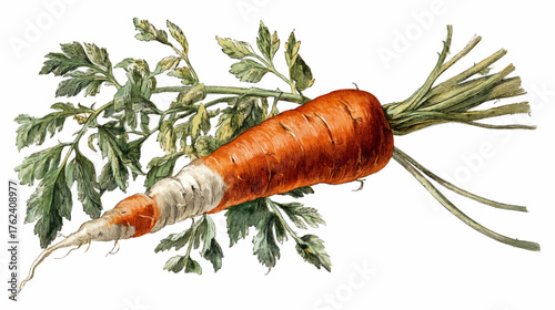 Elegant vintage carrot illustration with detailed leaves and fine botanical engraving on beige background for organic food and kitchen design.