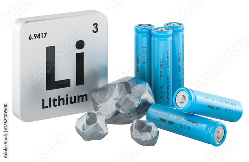 Periodic table sign for lithium element with metallic ore pieces and blue lithium-ion batteries. 3D rendering