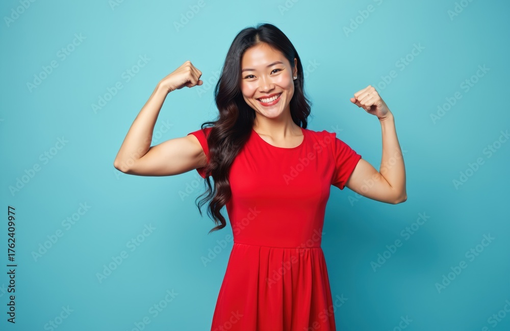 Fototapeta premium Young asian woman in red dress flexes arms. She smiles, showing strength, confidence, and happiness. Her pose is energetic and powerful on a bright blue background.