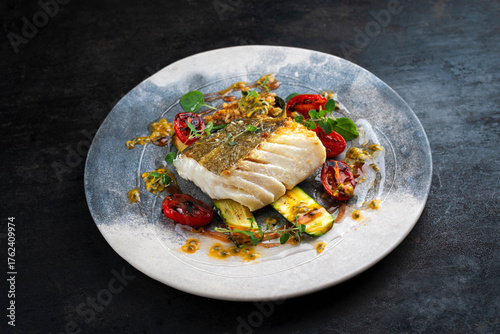 Fried skrei cod white sea fish filet with green vegetable and tomato, rice passion fruit relish umami sauce  Mediterranean dish recipe