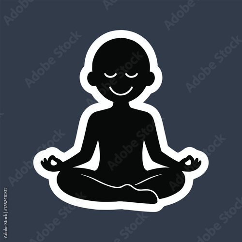 A black and white illustration of a person meditating in the lotus position with a peaceful expression