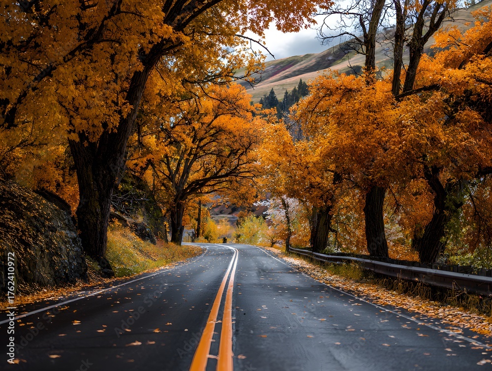 Obraz premium Golden autumn leaves line a scenic road
