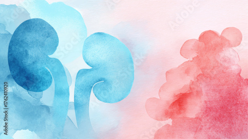 Watercolor kidneys illustration in blue and red hues, elegant medical vector design for nephrology awareness, healthcare presentations, and clinic branding backgrounds.