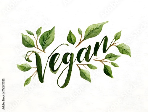 Nature inspired calligraphy design of vegan word, hand-drawn look, and green leaves. Graphic art illustration white background.