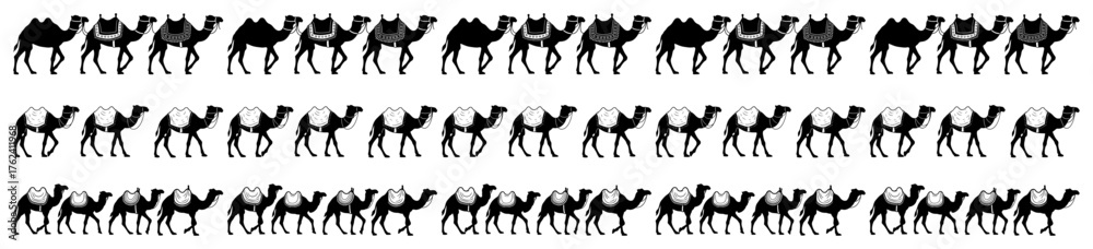 Obraz premium Camel caravan silhouette seamless border Vector pattern with walking dromedary animals for ethnic or travel design