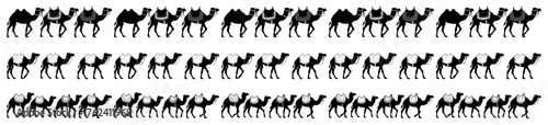 Camel caravan silhouette seamless border Vector pattern with walking dromedary animals for ethnic or travel design