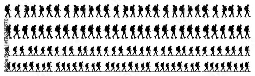 Hiking man silhouette seamless border set Vector pattern with walking tourist or backpacker for travel design