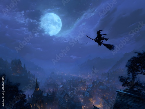 Gothic halloween scene – witch flying across full moon over spooky village