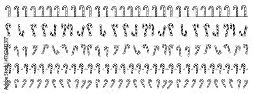 Hand drawn candy cane seamless borders set Vector doodle collection for Christmas and holiday design