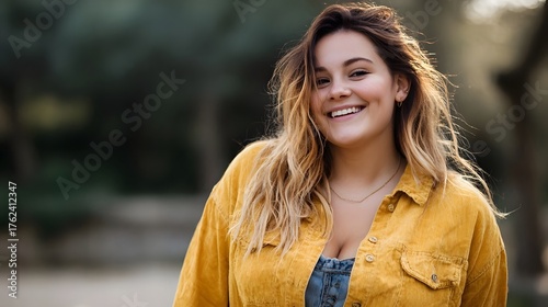 A happy full figured young woman smiles confidently outdoors in warm natural golden hour light
