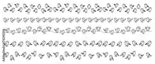 Hand drawn cute birds seamless borders set Vector doodle collection of little sparrow animals for spring design