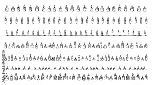 Hand drawn birthday candle seamless borders set Vector doodle collection of burning candles for celebration design