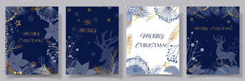Set of elegant Merry Christmas Cards with reindeer, gold branches, stars, and festive floral elements on dark blue and white backgrounds. Trendy modern winter banner, poster or greeting card template