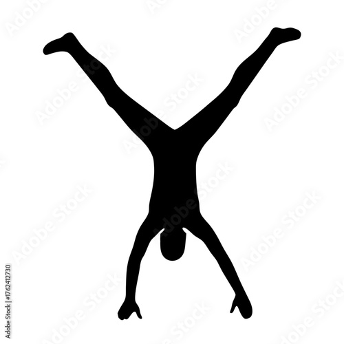 Silhouette illustration showing two figures in handstands and two standing straight up poses