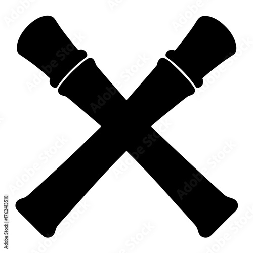 Illustration of crossed spears, parallel lines, and two bottle openers in black silhouette