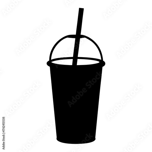 Vector art of a black silhouette of a plastic cup with a straw, perfect for illustrating beverage consumption or waste reduction themes