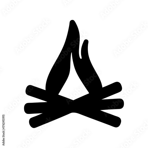 Vector art of a stylized campfire, featuring crossed logs and rising flames, evoking warmth and adventure in a minimalist design