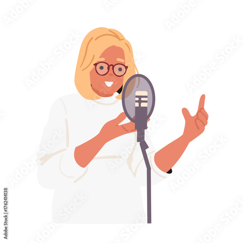 Woman cartoon character speaking at studio microphone streaming live audio podcast isolated on white