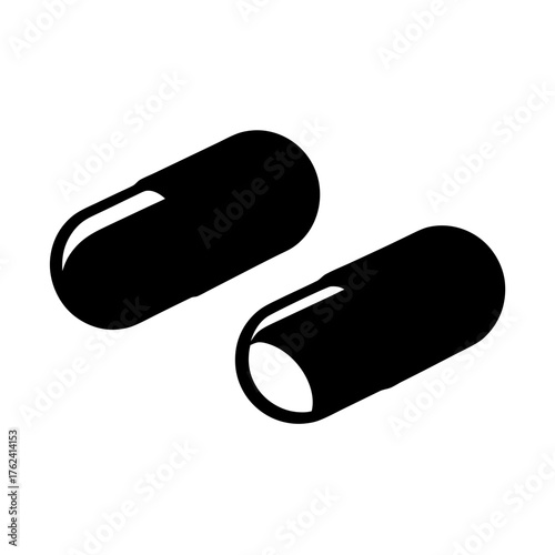 Vector art of two black capsules, symbolizing medication, health, and pharmaceutical products for treatment and prevention of illness