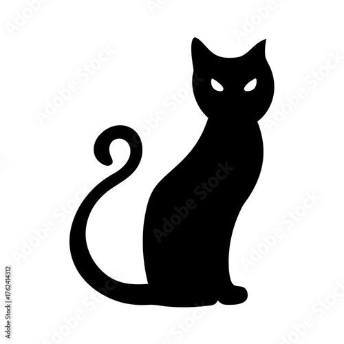 Vector art of a sleek black cat with piercing eyes sits poised, its tail curled elegantly, , evoking mystery and feline grace in silhouette