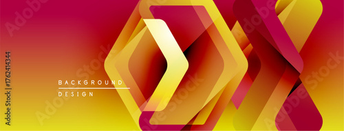 Abstract geometric background. Overlapping squares create dynamic visual effect. Gradient transitions from yellow to red hues. Modern design element.