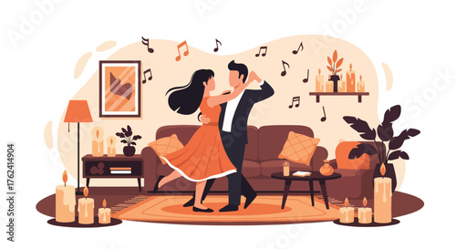 A cozy flat vector of romantic couple dancing in living room filled with candles and warmth, symbolizing joy and love at home