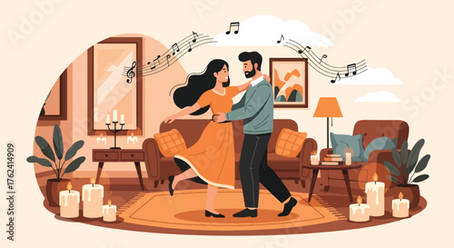 A cozy flat vector of romantic couple dancing in living room filled with candles and warmth, symbolizing joy and love at home