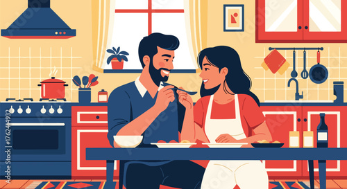 Flat vector of loving couple cooking together in kitchen, joyful home activity symbolizing teamwork, happiness, and romance