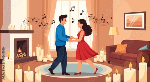 A cozy flat vector of romantic couple dancing in living room filled with candles and warmth, symbolizing joy and love at home