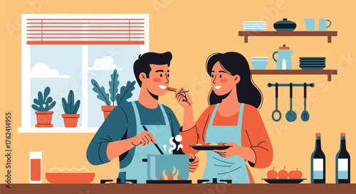 Flat vector of loving couple cooking together in kitchen, joyful home activity symbolizing teamwork, happiness, and romance