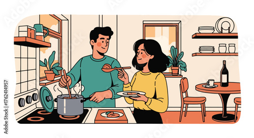 Flat vector of loving couple cooking together in kitchen, joyful home activity symbolizing teamwork, happiness, and romance