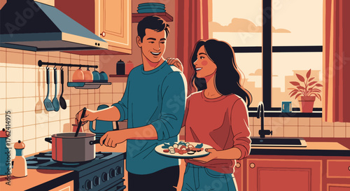 Flat vector of loving couple cooking together in kitchen, joyful home activity symbolizing teamwork, happiness, and romance