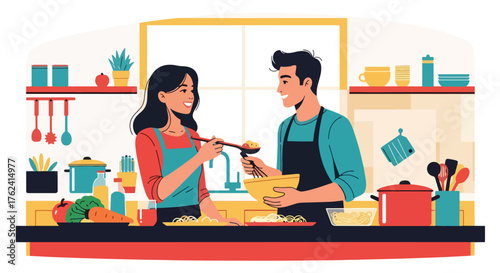 Flat vector of loving couple cooking together in kitchen, joyful home activity symbolizing teamwork, happiness, and romance