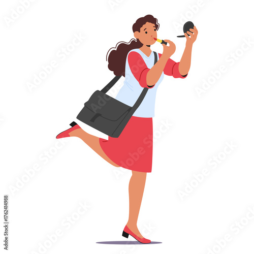 Businesswoman cartoon character doing makeup on-the-go rushing being late on meeting in morning