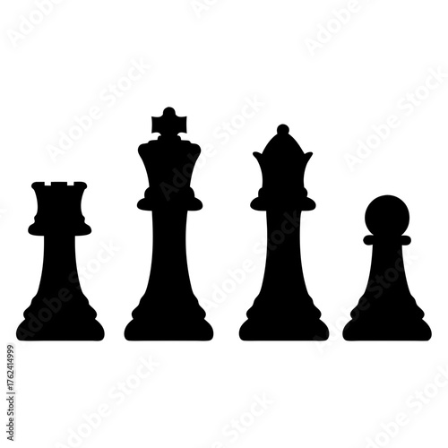 Vector art of chess pieces silhouettes a rook, king, queen, and pawn stand ready for a strategic game of intellect and skill