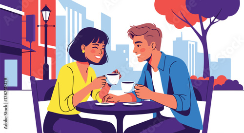 Flat vector of romantic couple having coffee at outdoor café, cheerful urban date symbolizing connection and modern love