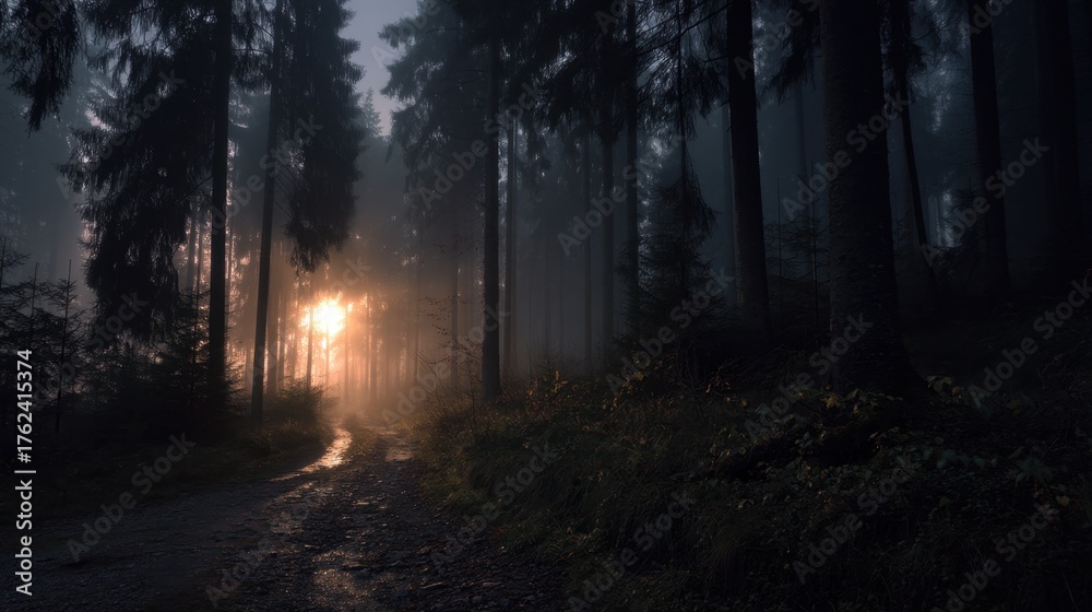 Fototapeta premium Enchanted Forest Pathway at Dusk with Sunlight Piercing Through Mist and Shadows Creating a Mysterious and Serene Atmosphere