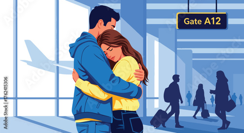 Flat vector of couple embracing goodbye at airport gate, emotional farewell moment representing long-distance love and hope