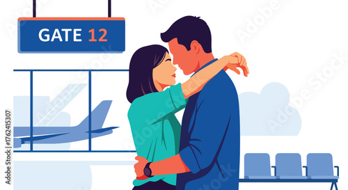 Flat vector of couple embracing goodbye at airport gate, emotional farewell moment representing long-distance love and hope