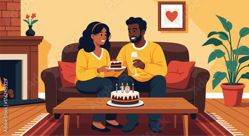 Flat vector of couple celebrating anniversary with cake and candles at home, cozy romantic evening full of love and joy