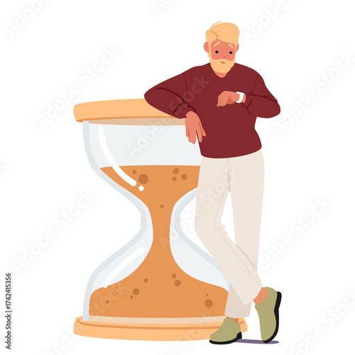 Man cartoon character checking time on wristwatch and waiting standing nearby giant hourglass