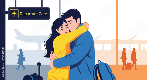 Flat vector of couple embracing goodbye at airport gate, emotional farewell moment representing long-distance love and hope