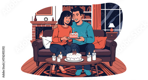Flat vector of couple celebrating anniversary with cake and candles at home, cozy romantic evening full of love and joy