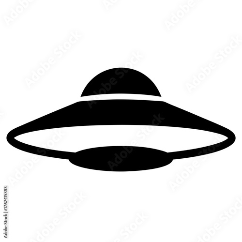 Vector art of a sleek black and white illustration of a flying saucer, showcasing its classic disc shape and central dome design