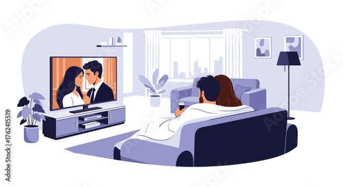 Flat vector of couple cuddling on sofa watching movie with popcorn, cozy romantic home date night illustration