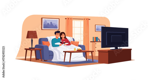 Flat vector of couple cuddling on sofa watching movie with popcorn, cozy romantic home date night illustration
