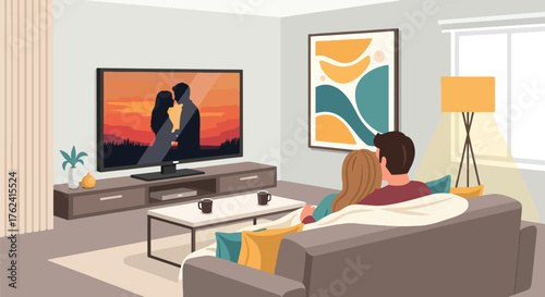 Flat vector of couple cuddling on sofa watching movie with popcorn, cozy romantic home date night illustration